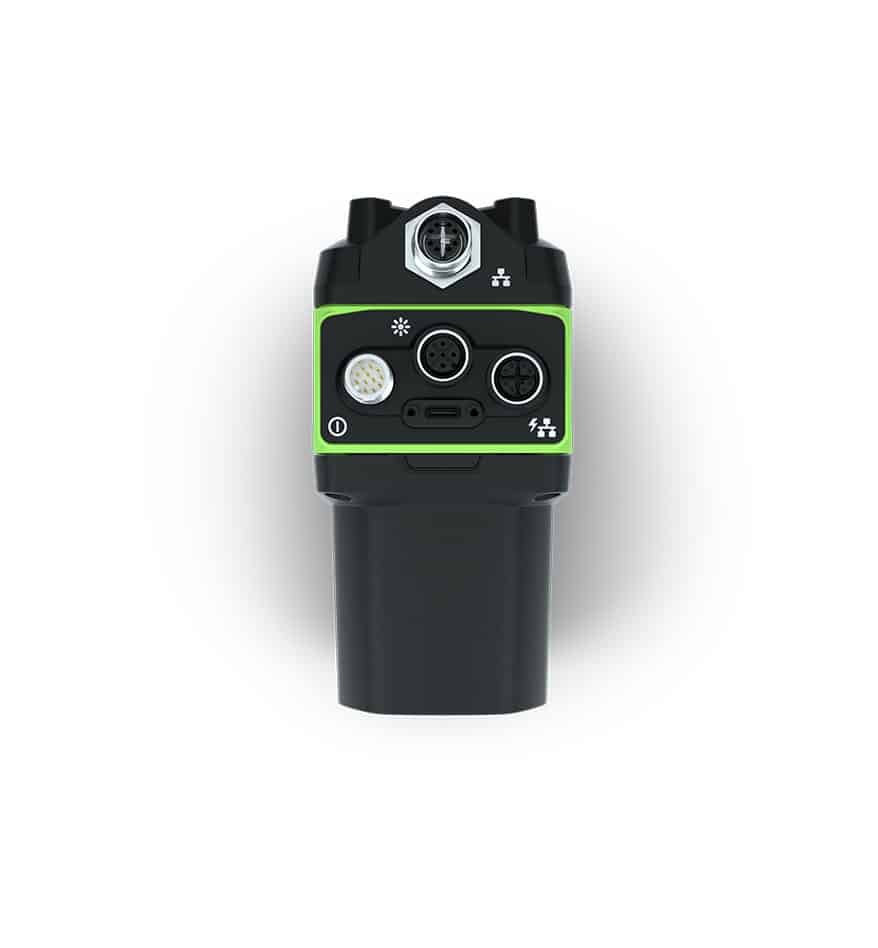 Scanner fixe Zebra FS70 noir avec connecteurs et symboles sur fond blanc.