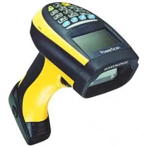 Scanner industriel Datalogic PowerScan 9600 jaune et noir avec écran et clavier.