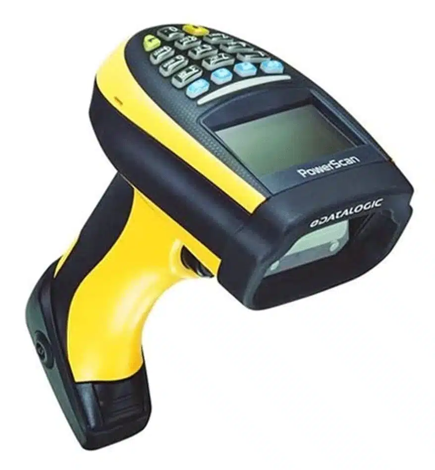 Scanner industriel Datalogic PowerScan 9600 jaune et noir avec écran et clavier.