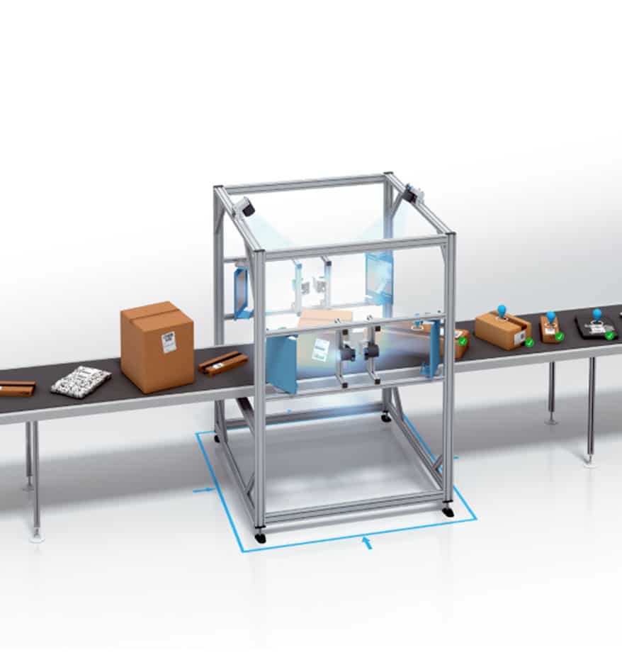 Scanner fixe Sick Lector 850 sur une ligne de production automatisée avec des colis divers.