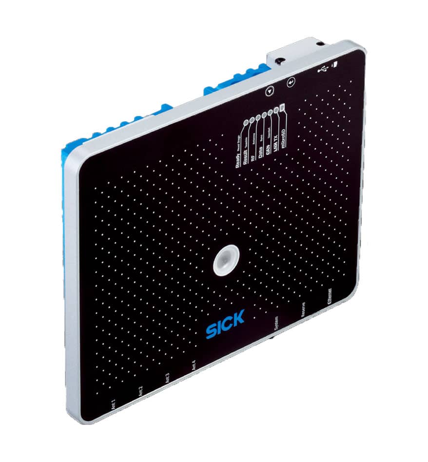 Lecteur RFID Sick RFU630: Appareil avec indicateurs LED et ports d'antenne.