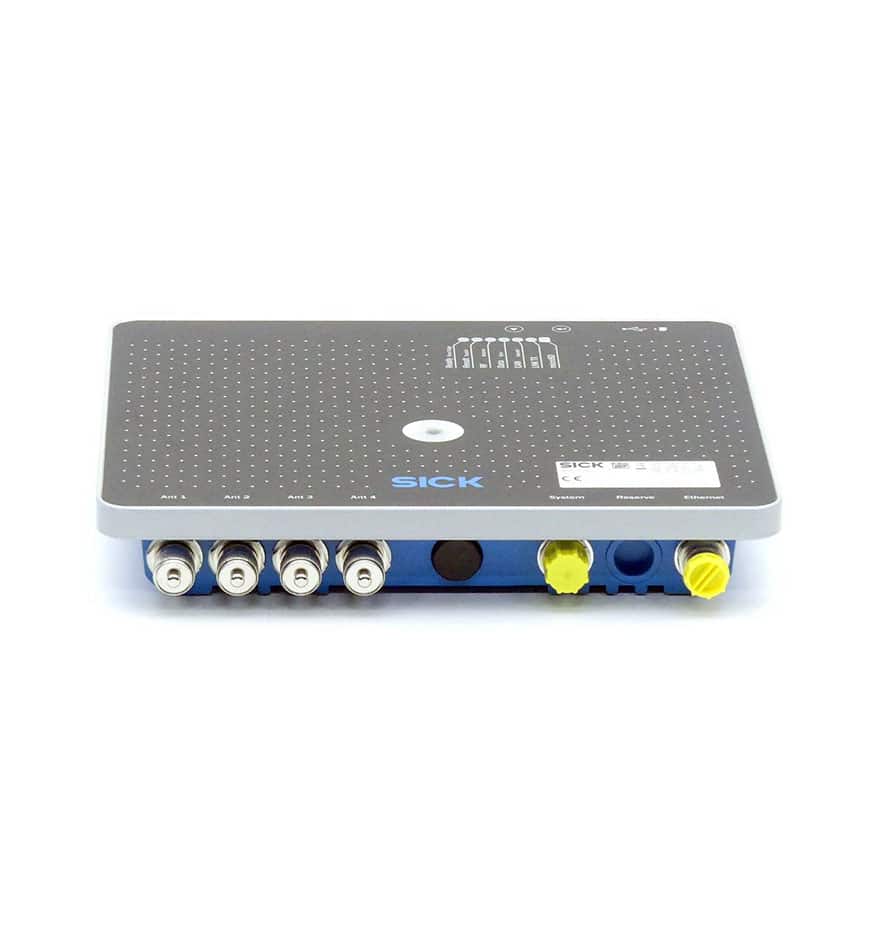 Lecteur RFID Sick RFU630 gris et bleu avec ports d'antenne.