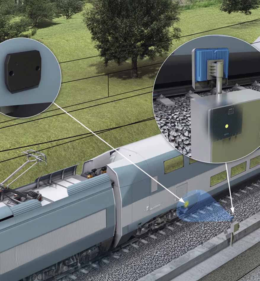 Lecteur RFID Sick RFU630 sur un train, avec capteurs et système de surveillance ferroviaire.