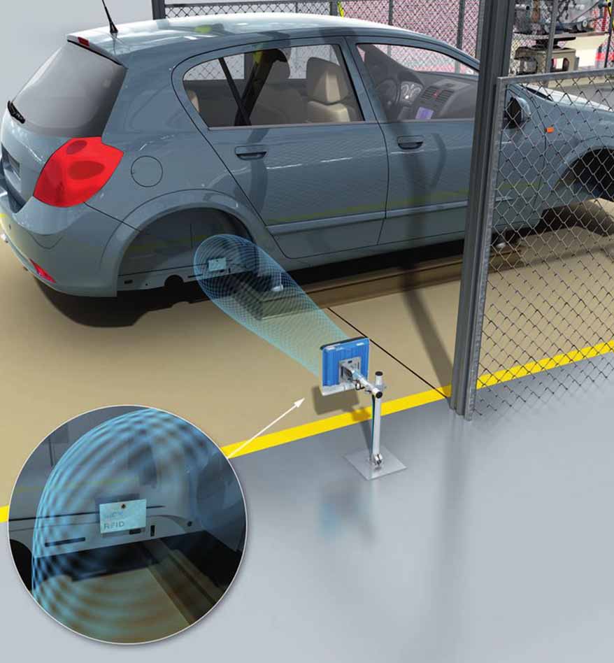 Lecteur RFID Sick RFU630 scannant une voiture dans un atelier. Technologie d'identification par radiofréquence.