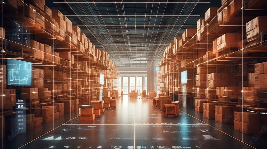 Entrepôt futuriste avec solutions métiers pour la supply chain : rayonnages, cartons et écrans numériques.