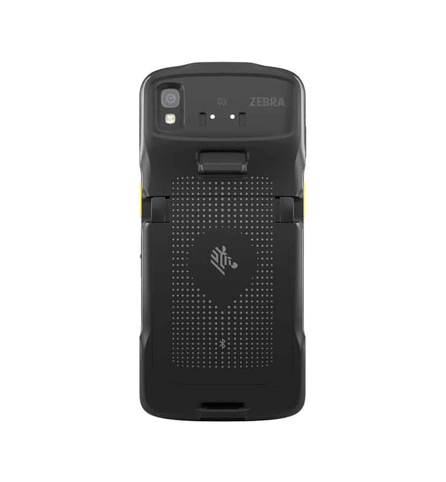 Terminal mobile Zebra TC22 noir, vue arrière avec logo Zebra. Idéal pour la gestion mobile.