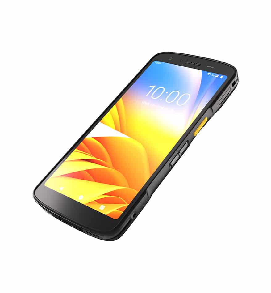 Terminal mobile Zebra TC22 affichant l'heure 10:00 sur un écran lumineux.