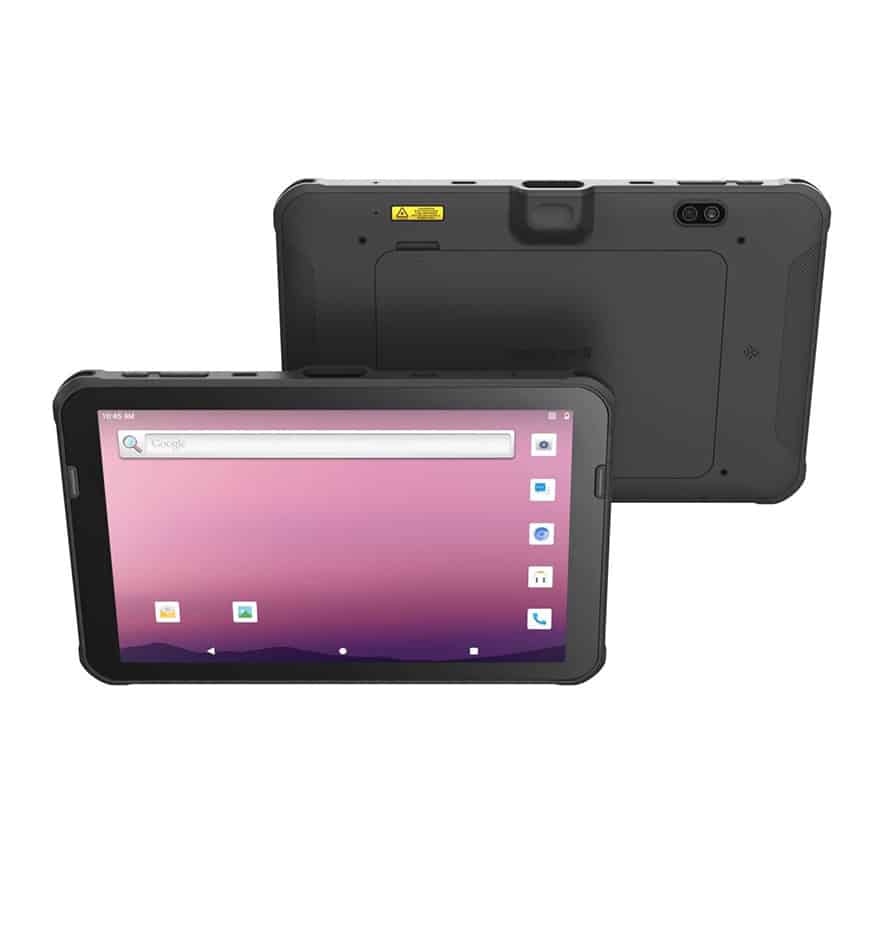 Tablette Honeywell EDA10A robuste, vue de face et de dos, écran allumé.