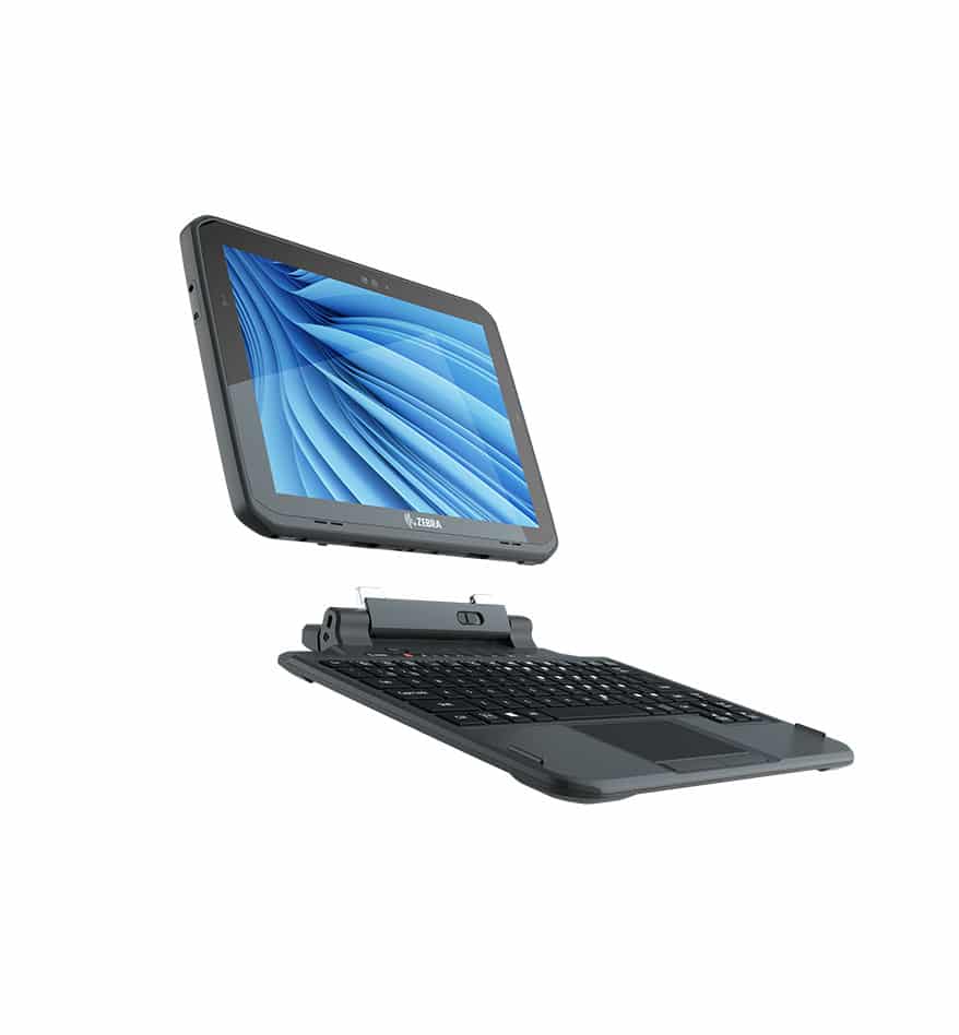 Tablette durcie Zebra ET80/ET85 avec clavier, idéale pour environnements exigeants.