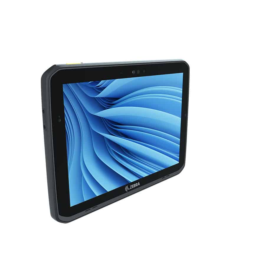 Tablette durcie Zebra ET80/ET85 avec écran affichant un motif bleu abstrait.