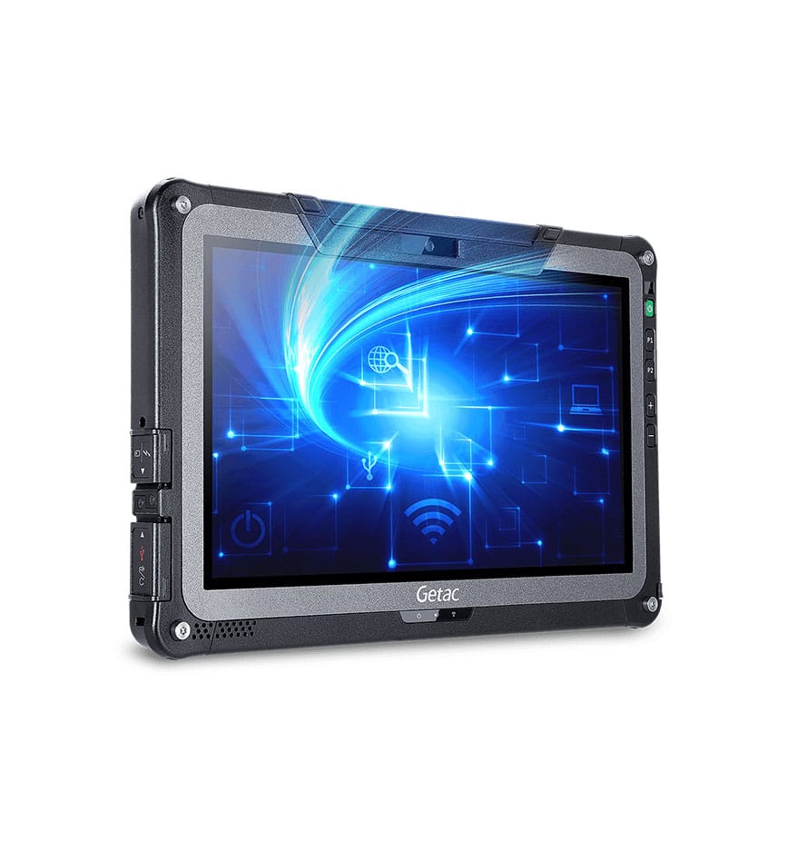 Tablette robuste Getac F110 G6 affichant un écran avec des icônes de connectivité.