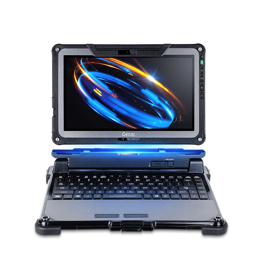 Tablette robuste Getac F110 G6 ouverte, écran allumé avec logo Getac.