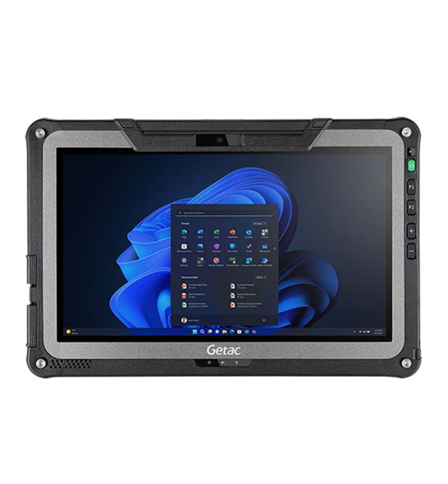 Tablette robuste Getac F110 G6 affichant l'écran d'accueil Windows avec le logo Getac.