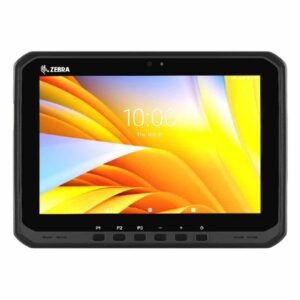 Tablette durcie Zebra ET60 affichant l'heure 10:00 sur un fond d'écran abstrait orange et jaune.