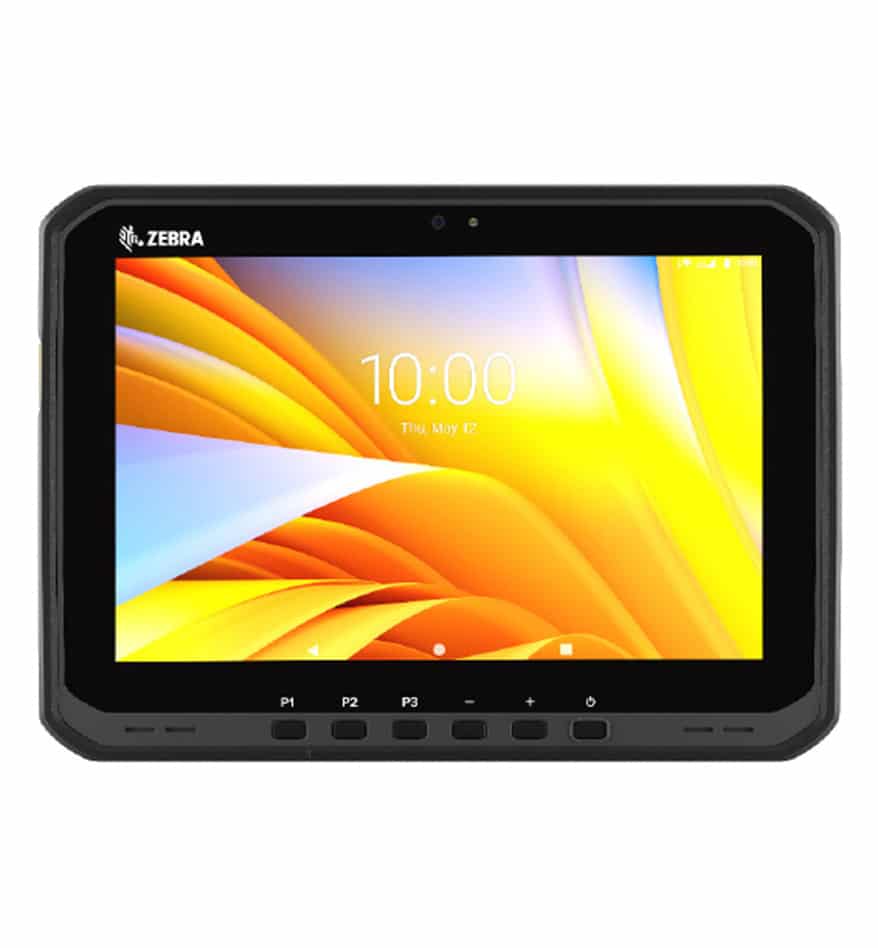 Tablette durcie Zebra ET60 affichant l'heure 10:00 sur un fond d'écran abstrait orange et jaune.