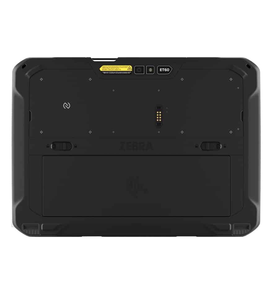 Tablette durcie Zebra ET60 noire, vue arrière, montrant le logo Zebra et le connecteur de charge.