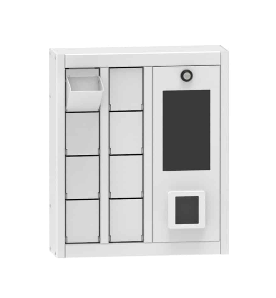 Armoire intelligente Tailor Advice M-ASSET avec écran et casiers blancs.