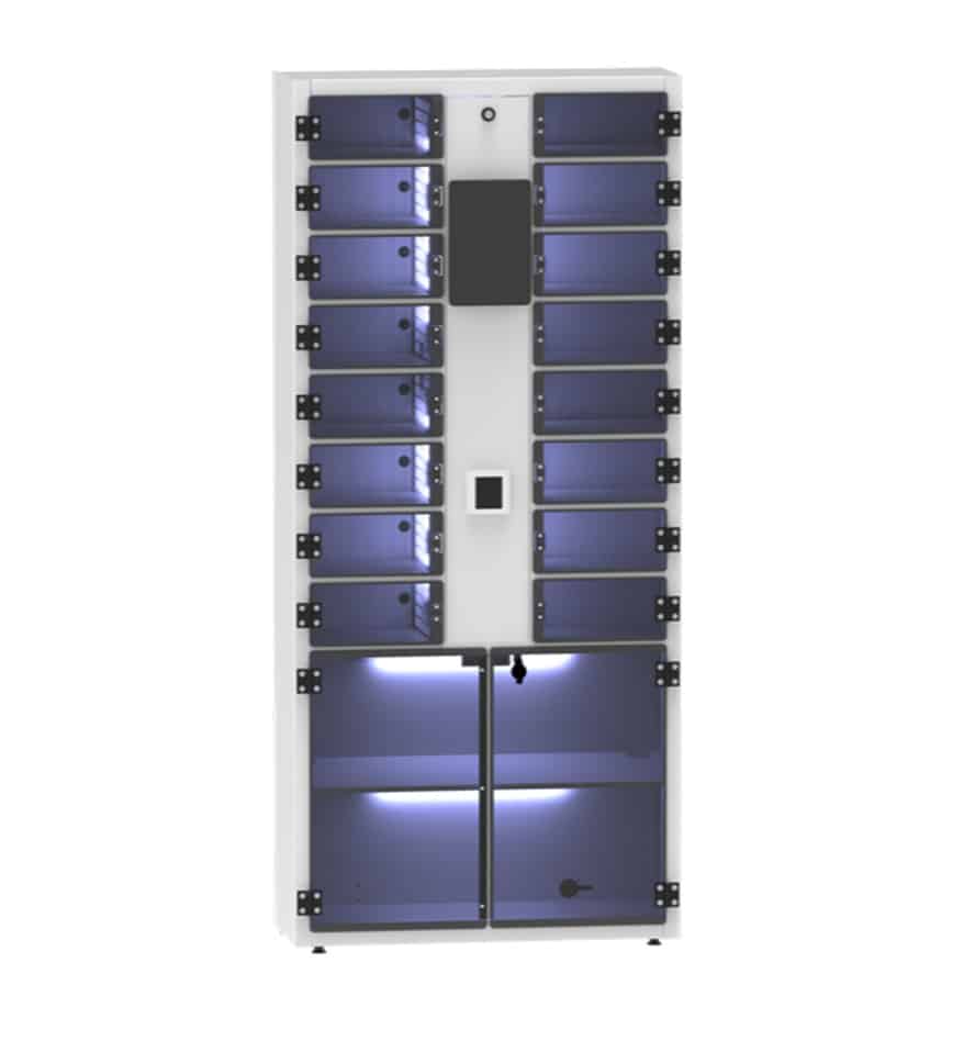 Armoire intelligente Tailor Advice M-ASSET avec plusieurs compartiments éclairés.