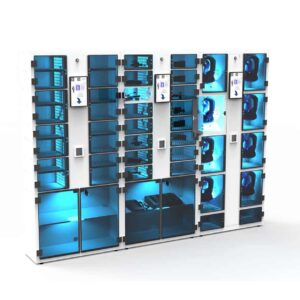 Armoires intelligentes Tailor Advice M-ASSET avec casiers bleus et écrans tactiles.