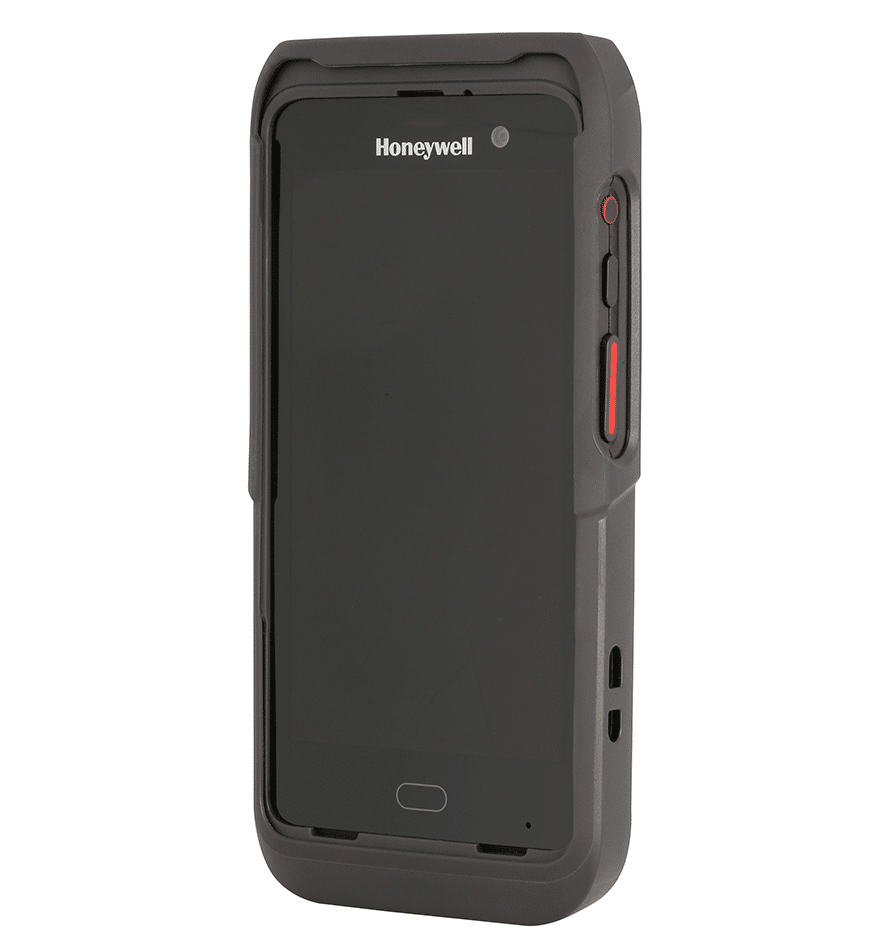 Terminal mobile CT45XP Honeywell. Appareil robuste avec écran noir et bouton rouge.