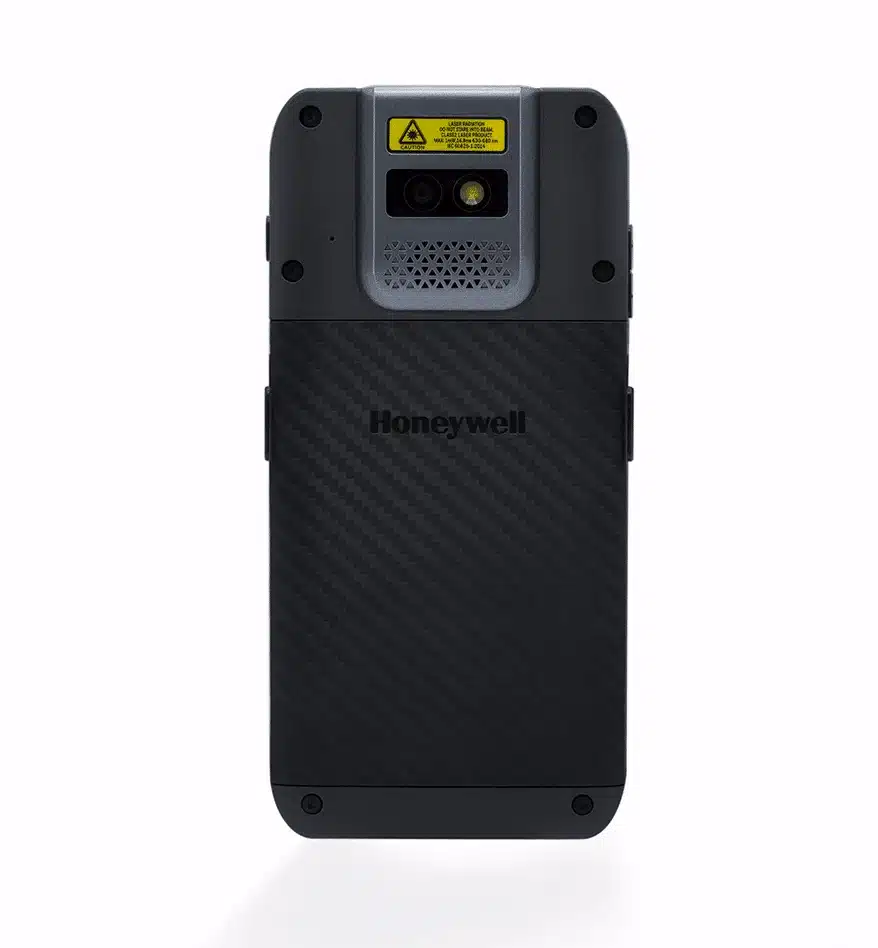 Terminal mobile Honeywell EDA52 noir, vue arrière. Scanner de code-barres et logo Honeywell visibles.