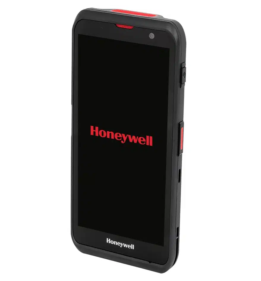 Terminal mobile EDA52 Honeywell avec écran noir affichant le logo Honeywell.