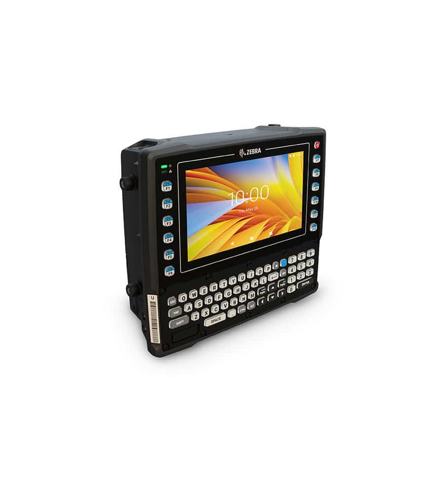 Terminal VC8300 Zebra avec écran tactile affichant l'heure et un clavier physique.