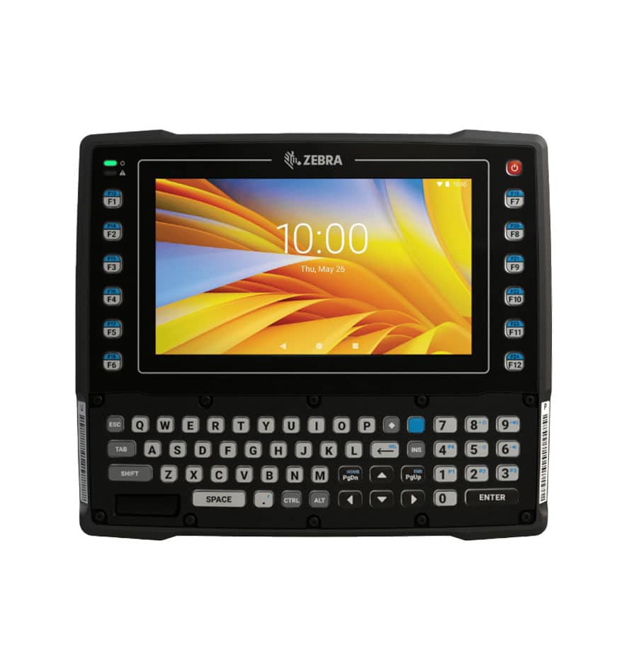 Terminal VC8300 Zebra affichant l'écran d'accueil. Clavier physique et écran tactile.
