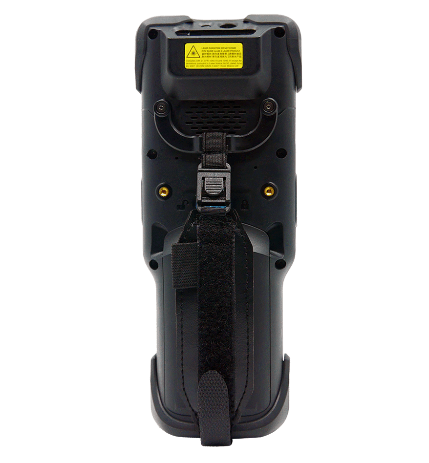 Terminal HT730 Unitech industriel, vue arrière avec dragonne. Étiquette laser de sécurité visible.