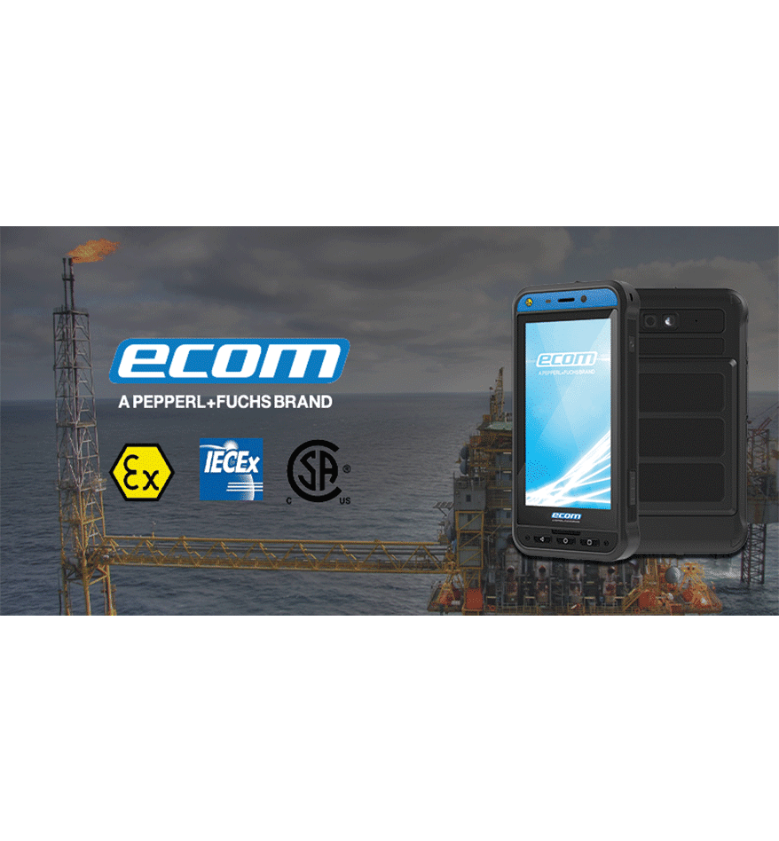 Terminal ATEX Smart-Ex 02 DZ1 ECOM sur une plateforme pétrolière, avec logos de certification ATEX et IECEx.