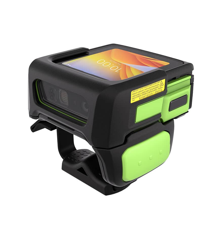 Terminal mains-libres Zebra WS50 avec écran affichant 10:00, idéal pour la logistique et l'entreposage.