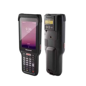 Terminal industriel Honeywell EDA61K : vue avant avec écran et clavier, vue arrière avec batterie.