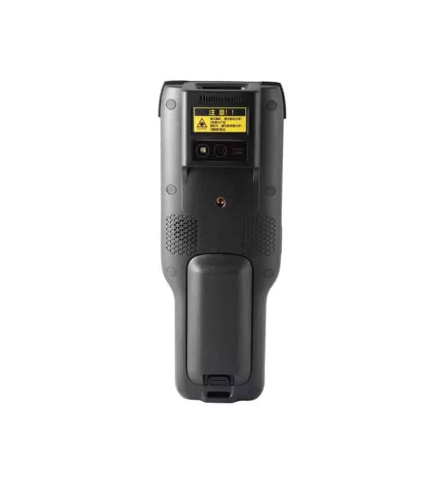 Terminal industriel Honeywell EDA61K : vue arrière avec étiquette d'avertissement laser.