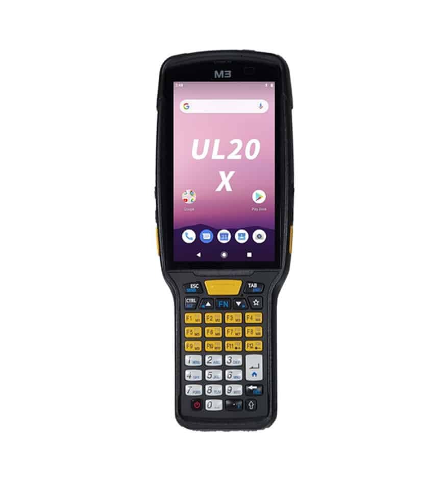 Terminal industriel M3 Mobile UL20X avec écran tactile et clavier numérique.