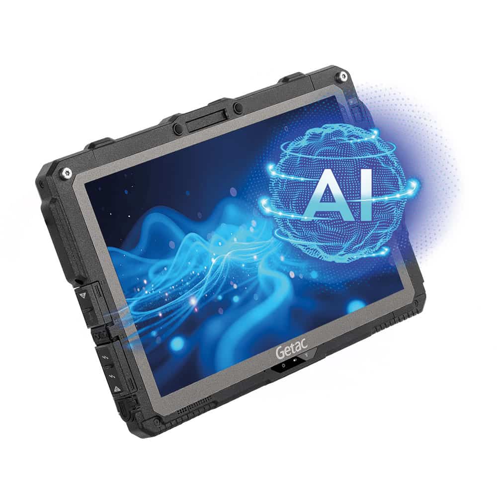 Tablette durcie Getac UX10 avec l'inscription "AI" (intelligence artificielle) sur l'écran.