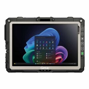Tablette durcie Getac UX10 COPILOT+PC avec écran affichant le menu Windows.