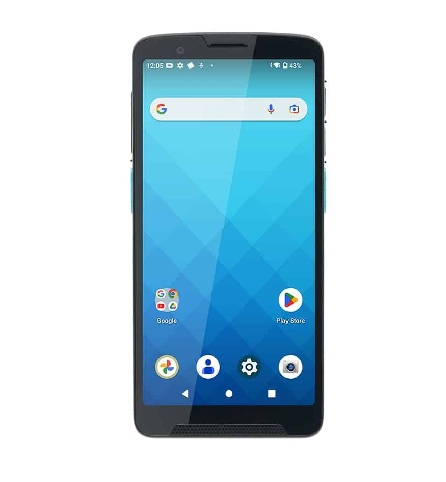 Terminal mobile Unitech EA660 avec écran d'accueil Android affichant l'heure, la batterie et les applications Google.