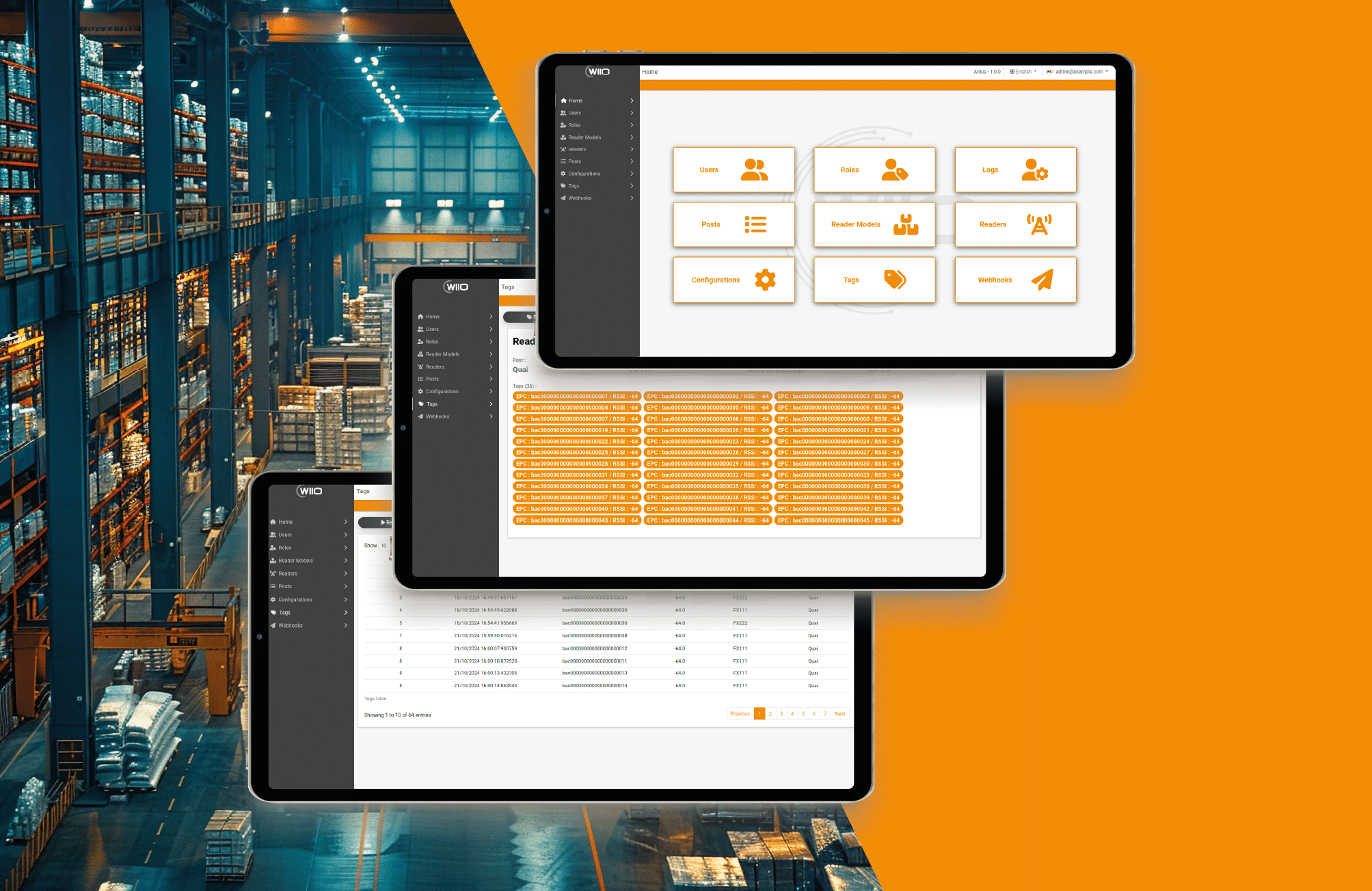 Solution logicielle RFID ARIIUS: captures d'écran de l'interface utilisateur sur des tablettes dans un entrepôt.
