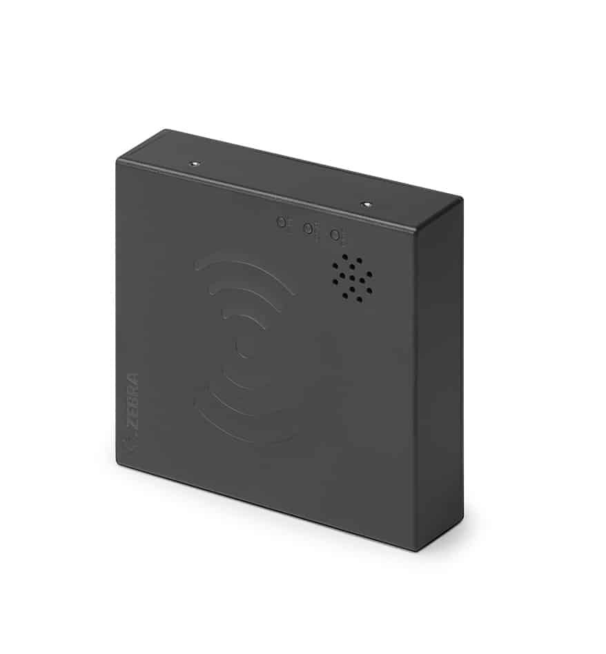 Lecteur RFID Zebra FXP20 noir, vue en perspective. Appareil compact avec logo Zebra.