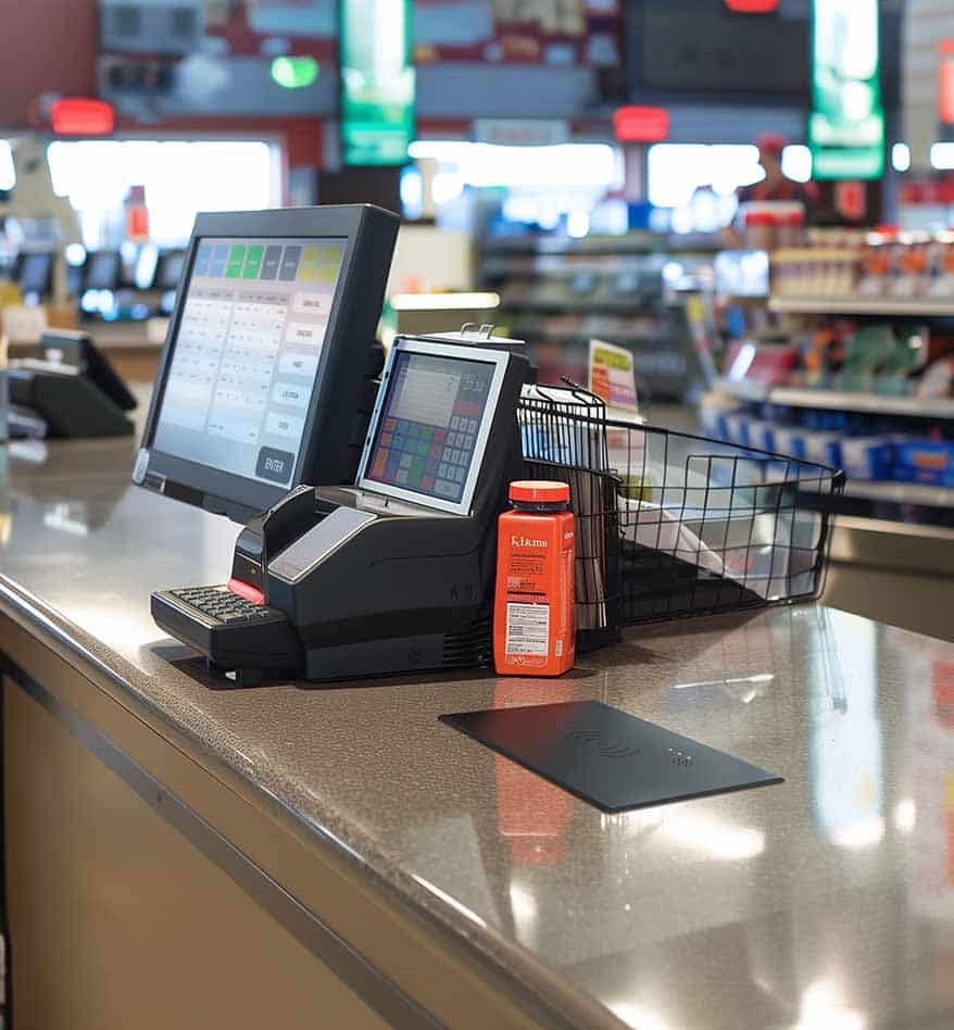 Lecteur RFID Zebra FXP20 sur un comptoir de caisse avec un panier.