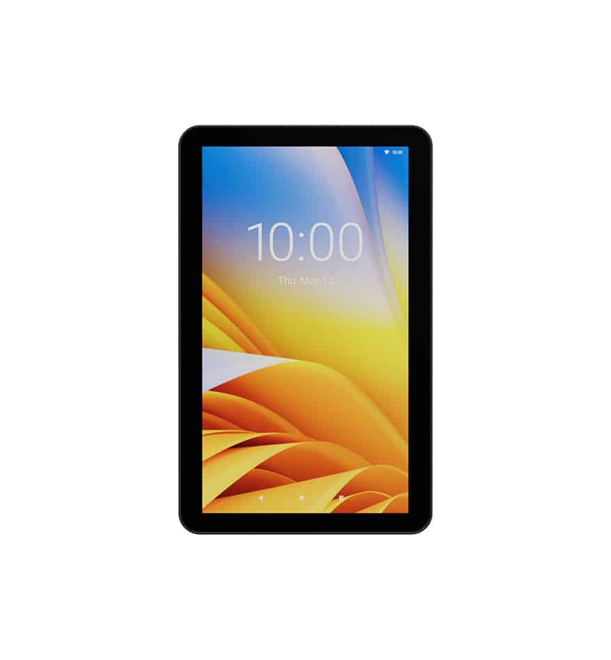 Ordinateur type kiosque Zebra KC50 affichant l'heure 10:00 sur un écran coloré.