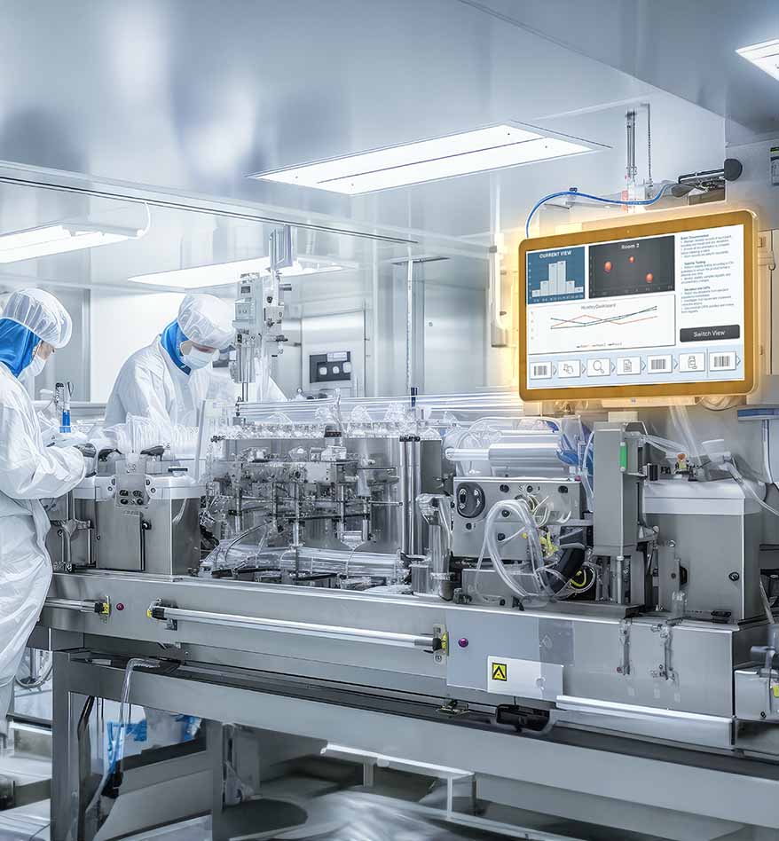 Ouvriers en salle blanche travaillant avec l'Ordinateur type kiosque Zebra KC50 pour le contrôle qualité.