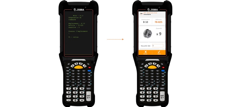 Zebra terminaux affichant "Modernisation des écrans (Velocity)" et inventaire avec référence B 10 et quantité x 9.