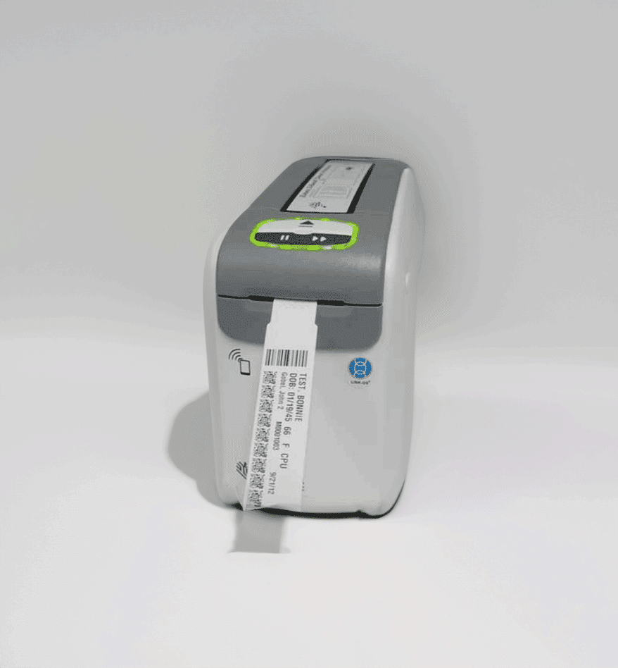 Bracelet d'identification thermique imprimé avec les données "TEST. BONNIE".