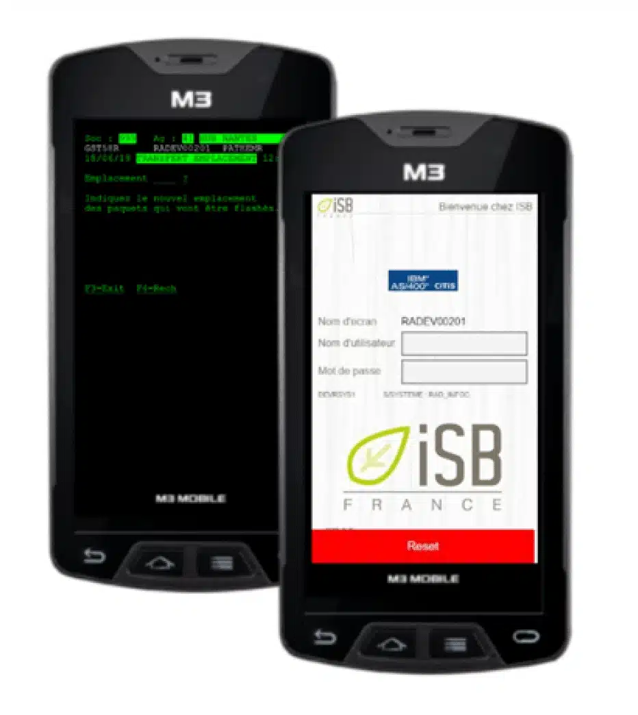 Terminaux M3 Mobile utilisés par isb france pour la gestion des stocks et l'identification des produits.