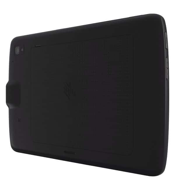Tablette durcie Zebra ET40-45 noire vue de dos, avec lecteur de code-barres intégré.