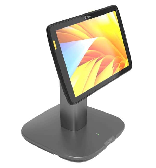 Tablette durcie Zebra ET40-45 sur un support de bureau. Écran lumineux avec fond coloré.