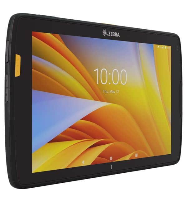 Tablette Zebra ET40-45 durcie affichant l'heure 10:00. Tablette industrielle robuste.