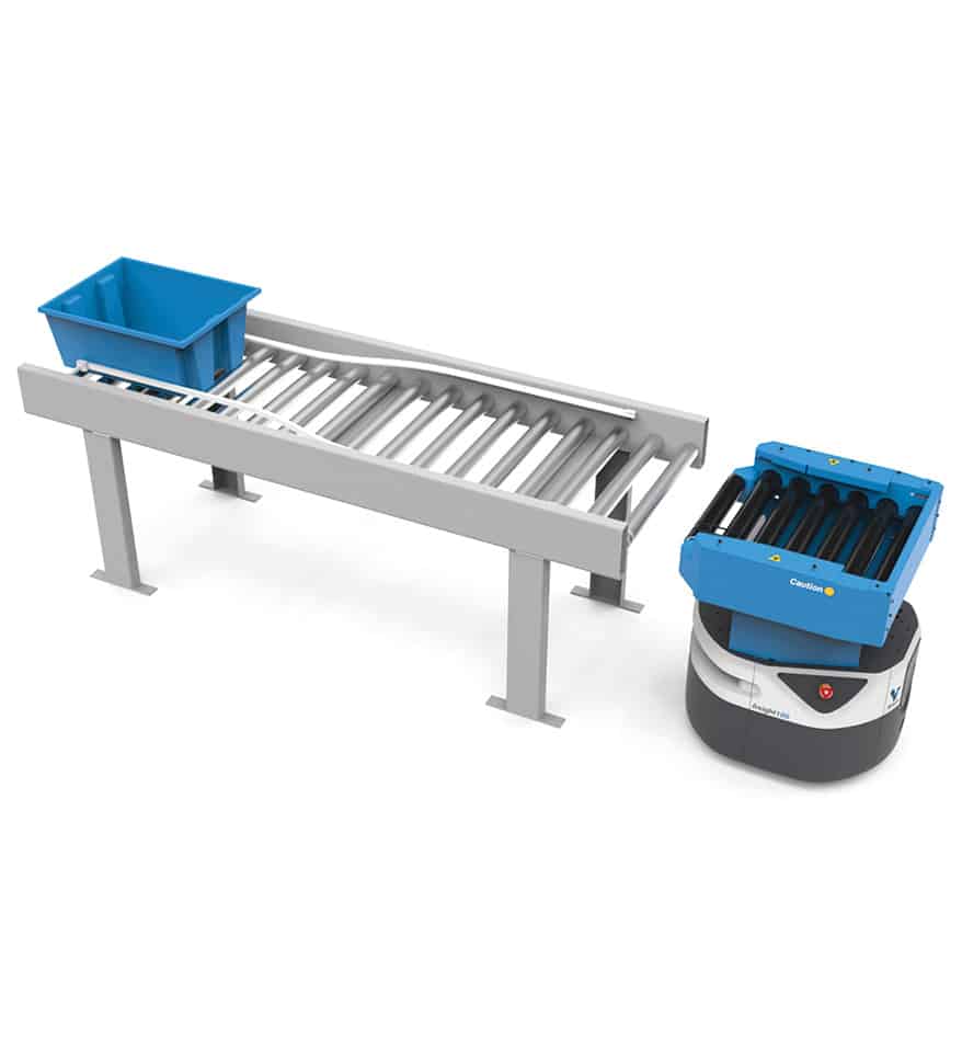 Robot AMR Zebra Roller Series avec bac bleu sur convoyeur à rouleaux.