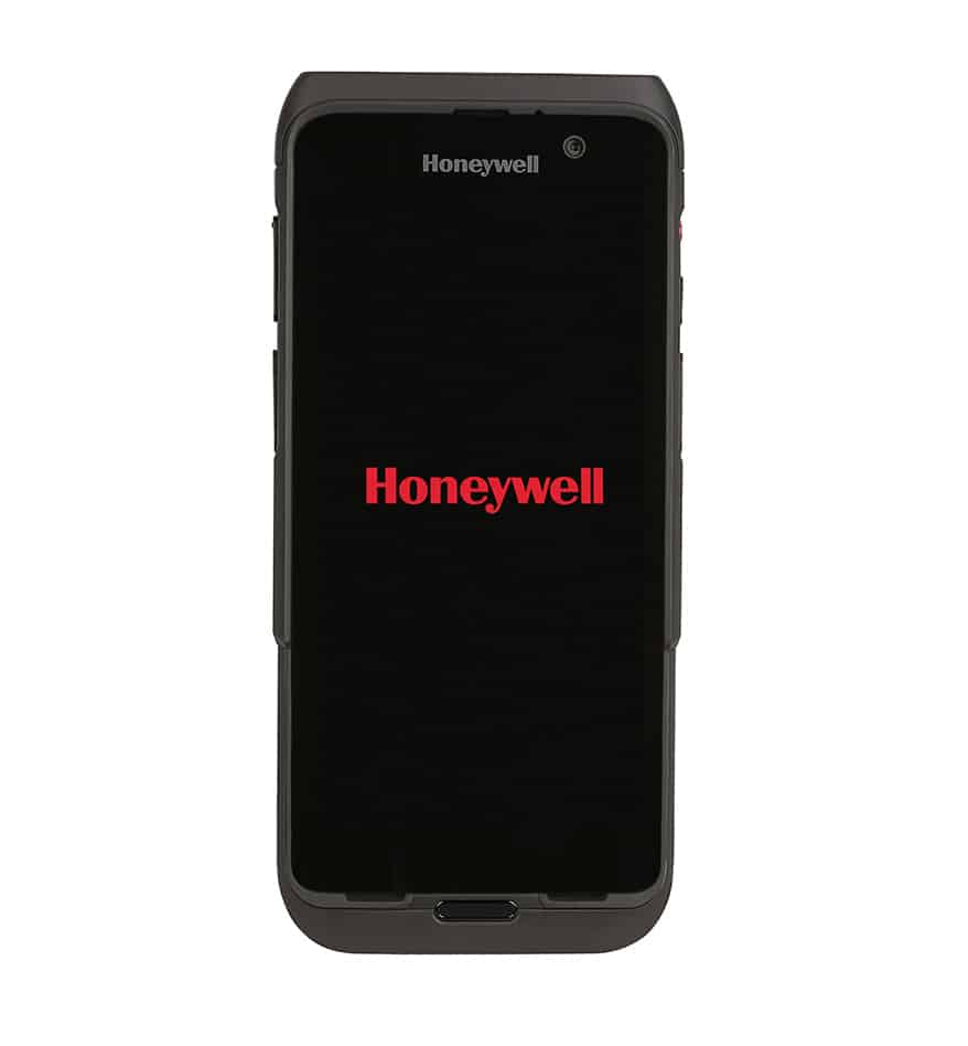 Terminal mobile Honeywell CT47 avec écran noir affichant le logo Honeywell.